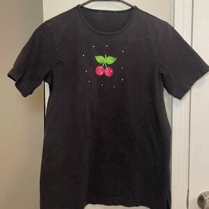 Womens‎ Black Cherry Rhinestone Graphic T Shirt Short Sleeve Casual Top